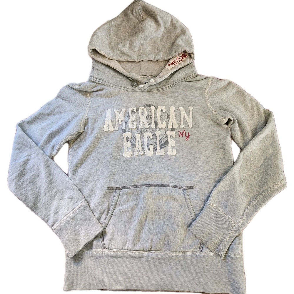 American Eagle Hoodie XS Gray Embroidered Pullover NY Logo Distressed Y2K Preppy